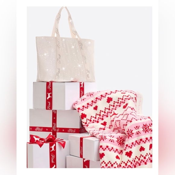 Blanket and Tote Set Victoria's Secret Pink White Christmas Snowflake Purse Bag - Picture 2 of 5